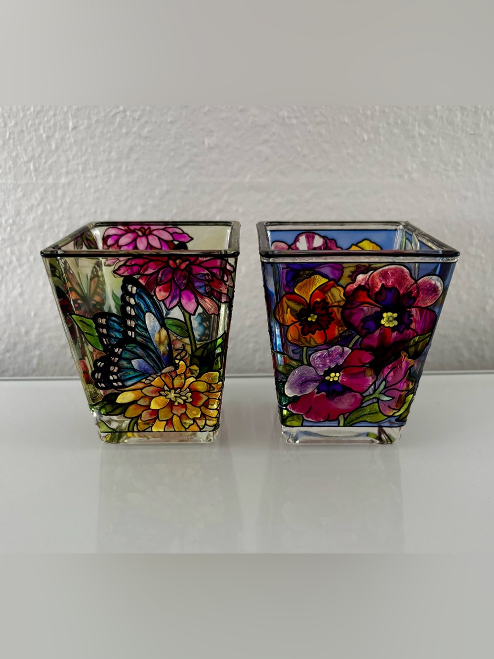 Set Of 2 Hand Painted AMIA Stained Glass Styled Floral Candle Votive Holder 3"